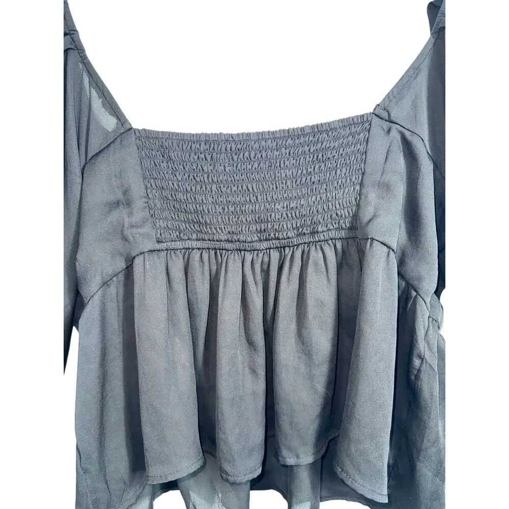 Abercrombie & Fitch Black Sheer Ruched Peplum Smocked Puff Sleeve Crop Top Sz L